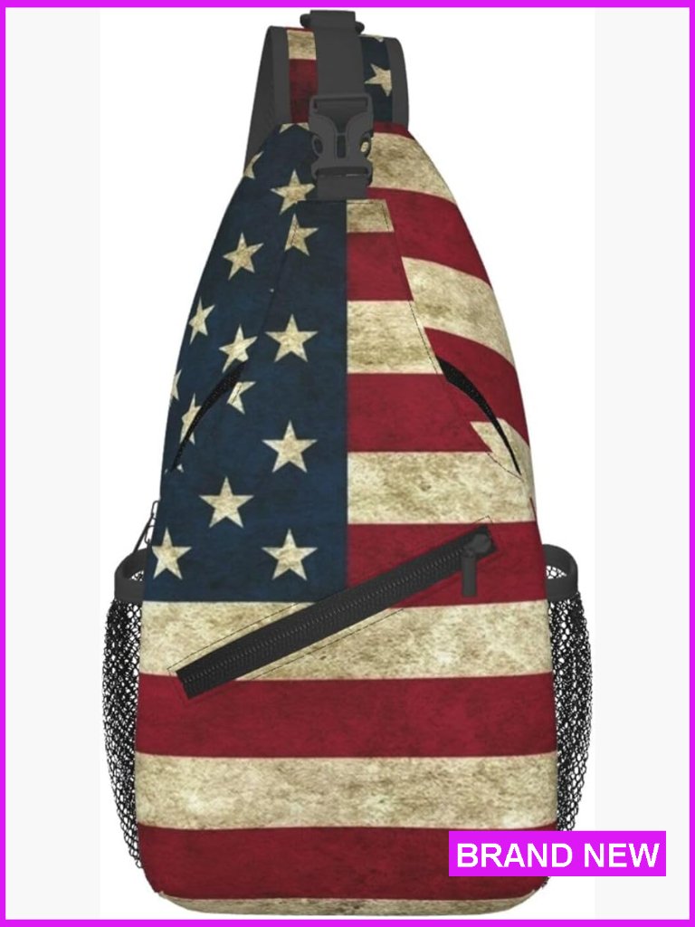 Vintage Usa Flag Sling Crossbody Backpack Adjustable Strap Travel Daypack Casual